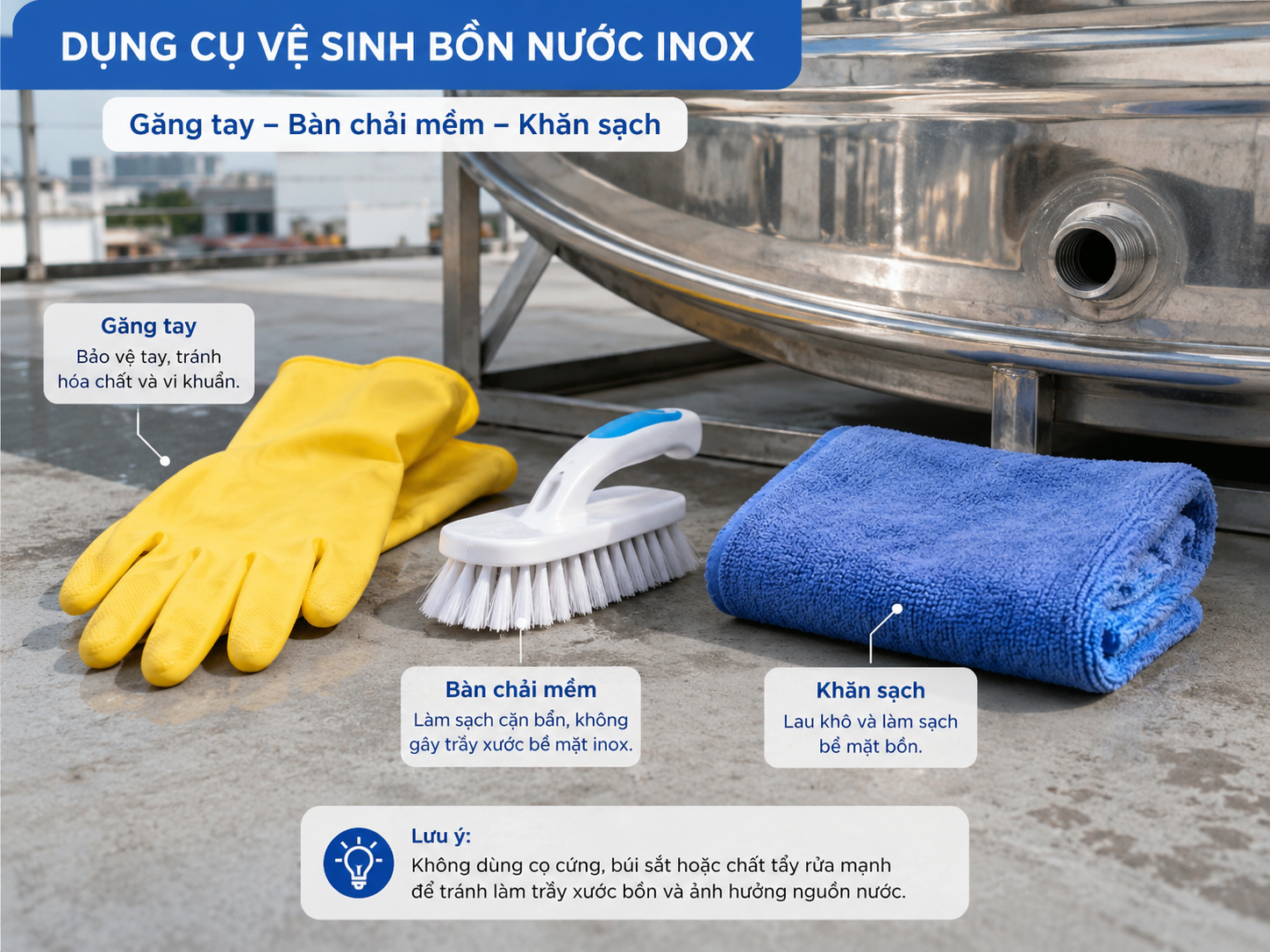 dụng cụ vệ sinh bồn nước inox gồm găng tay bàn chải mềm khăn sạch