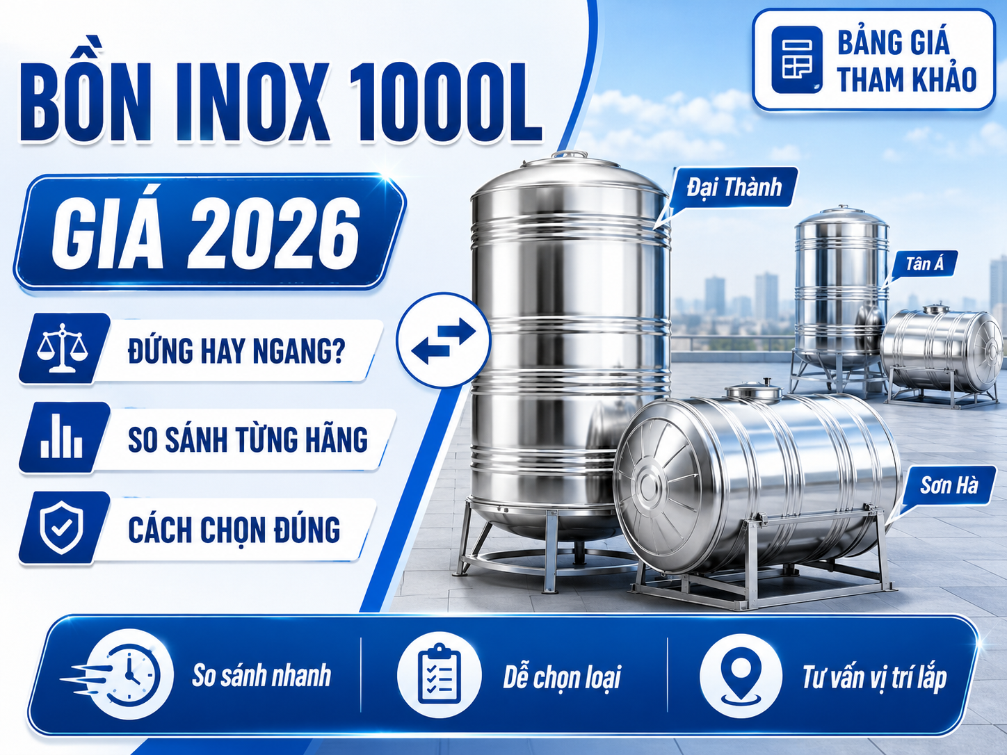 giá bồn inox 1000 lít theo từng hãng đứng ngang