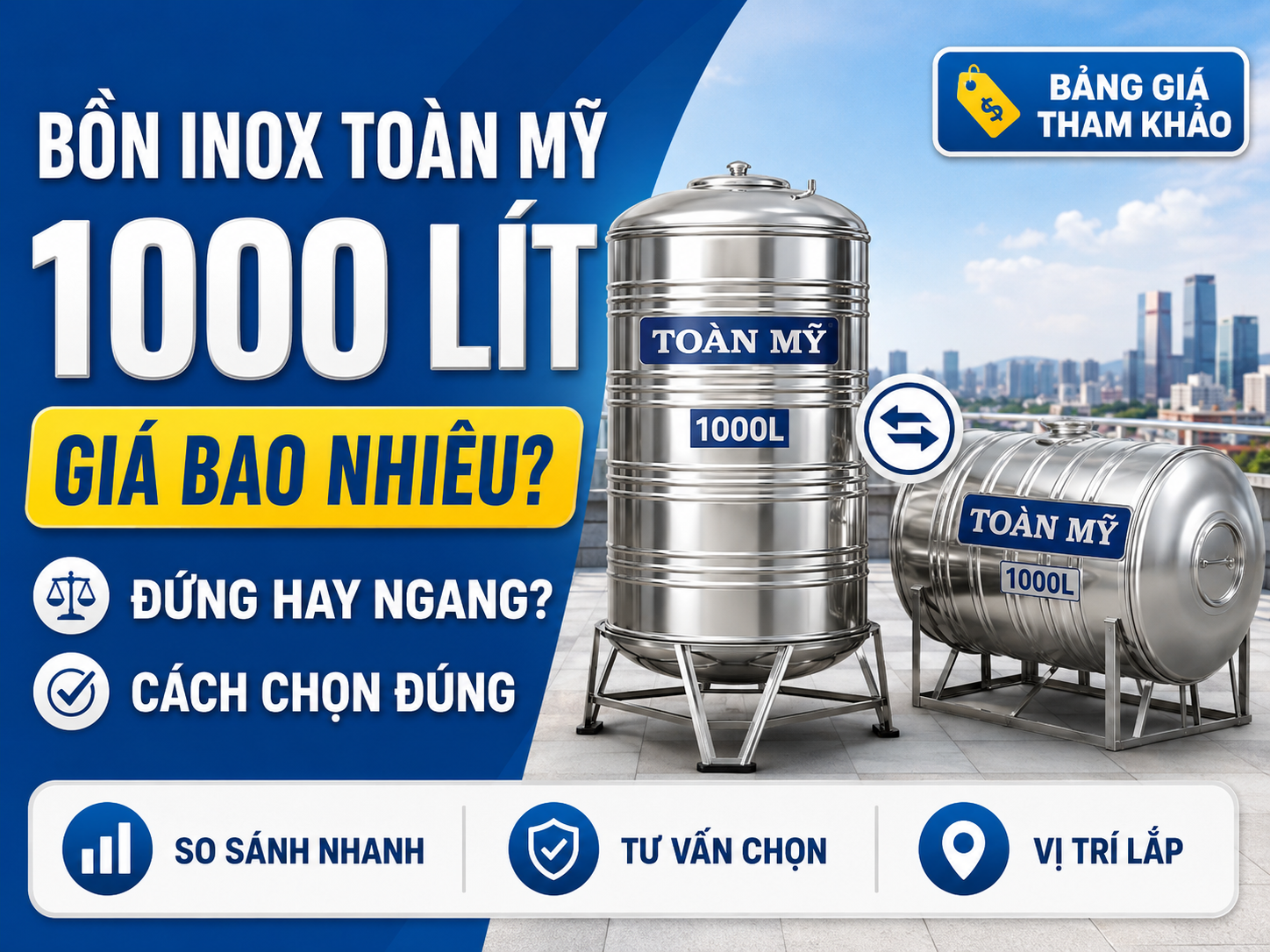 giá bồn nước inox 1000 lít Toàn Mỹ đứng ngang