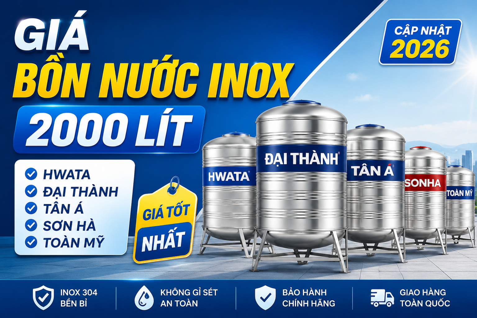 Giá bồn nước inox 2000 lít chính hãng năm 2026 Giá bồn nước inox 2000 lít chính hãng năm 2026