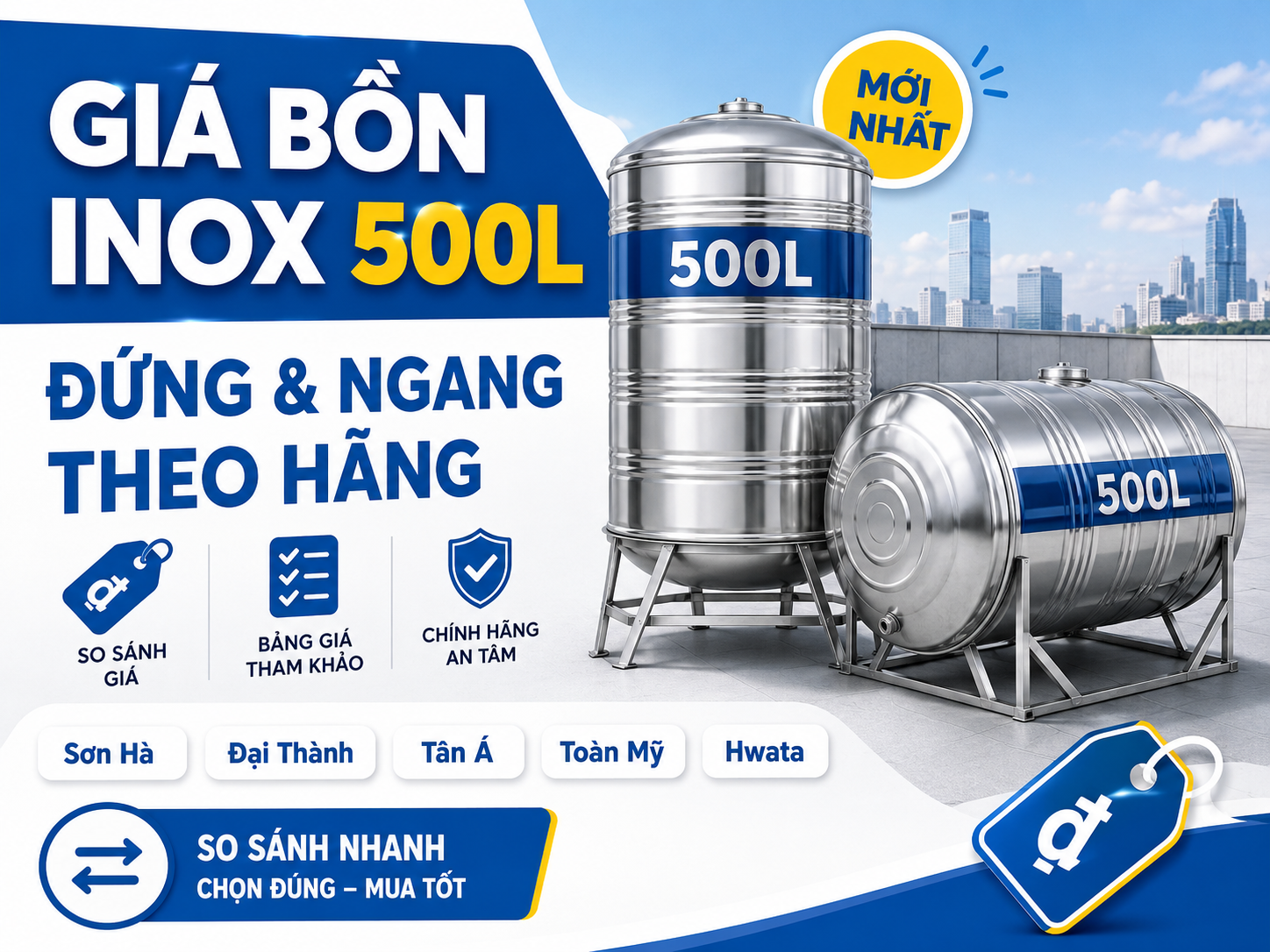 Giá bồn nước inox 500L đứng và ngang theo hãng