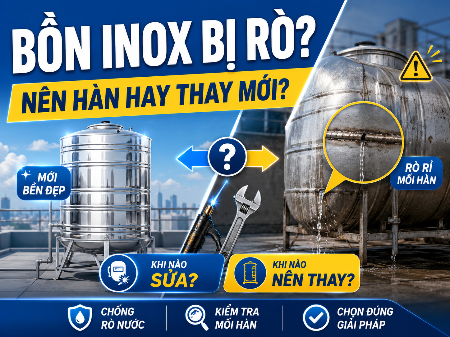 Hàn bồn nước inox bị rò rỉ Hàn bồn nước inox bị rò rỉ ở thân bồn đáy bồn và mối hàn