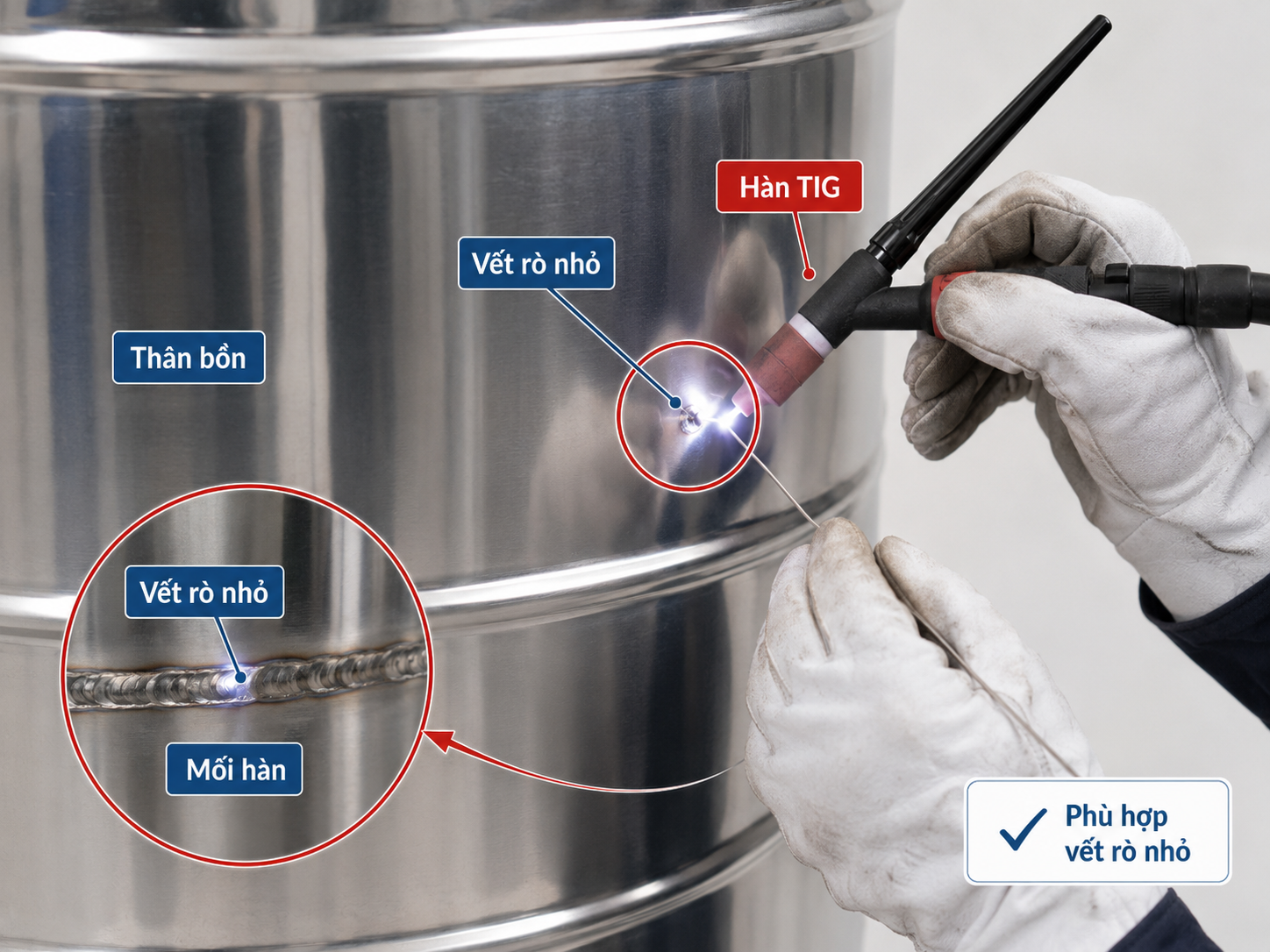 Hàn TIG bồn nước inox Hàn TIG bồn inox phù hợp vết rò nhỏ trên thân hoặc mối hàn