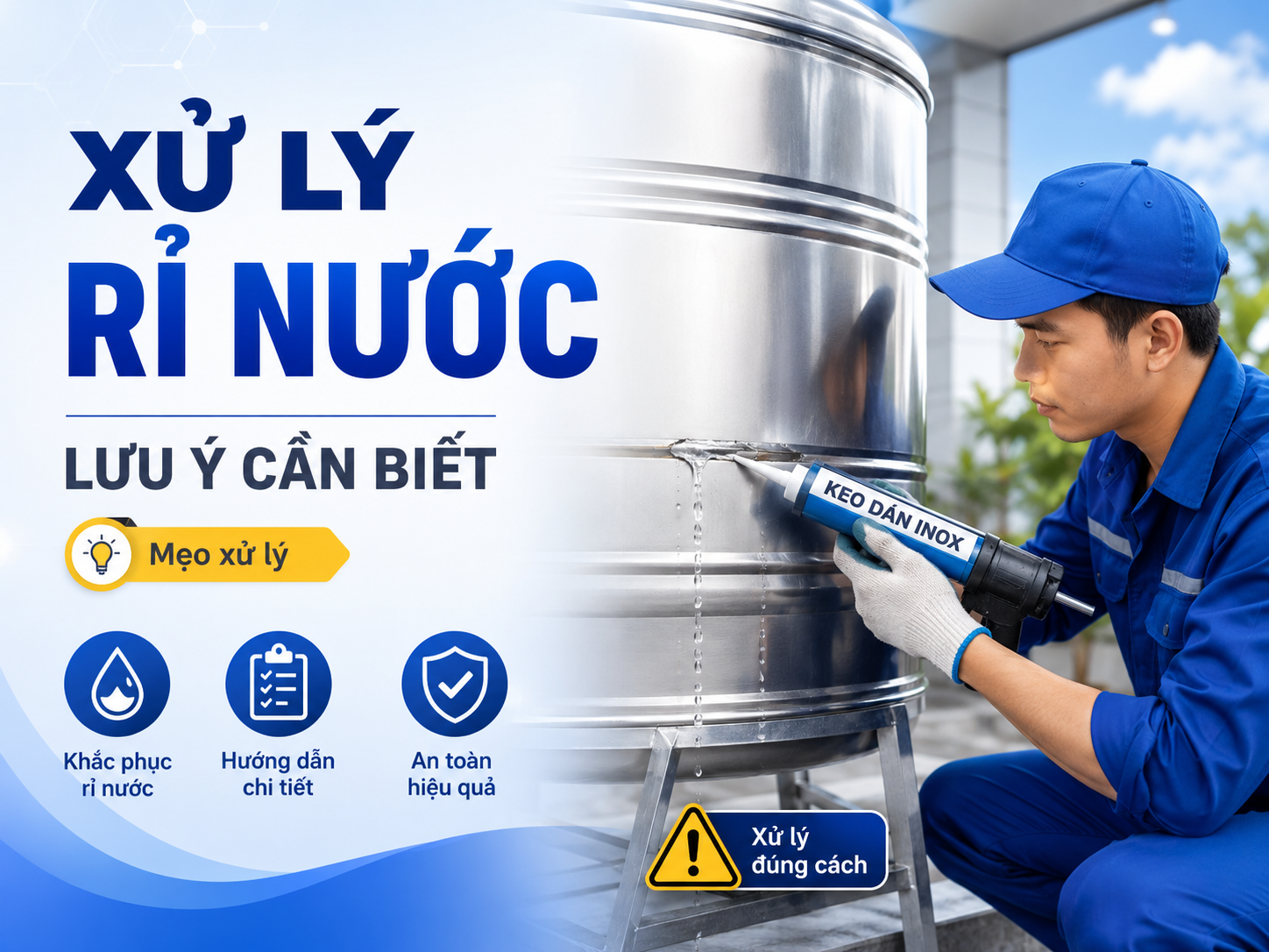 keo dán bồn nước inox bị rỉ nước tại vị trí lỗ kim