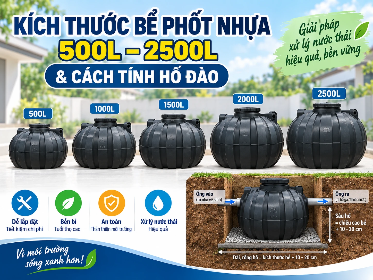 Kích thước bể phốt nhựa 500L đến 2500L dạng đứng và ngang