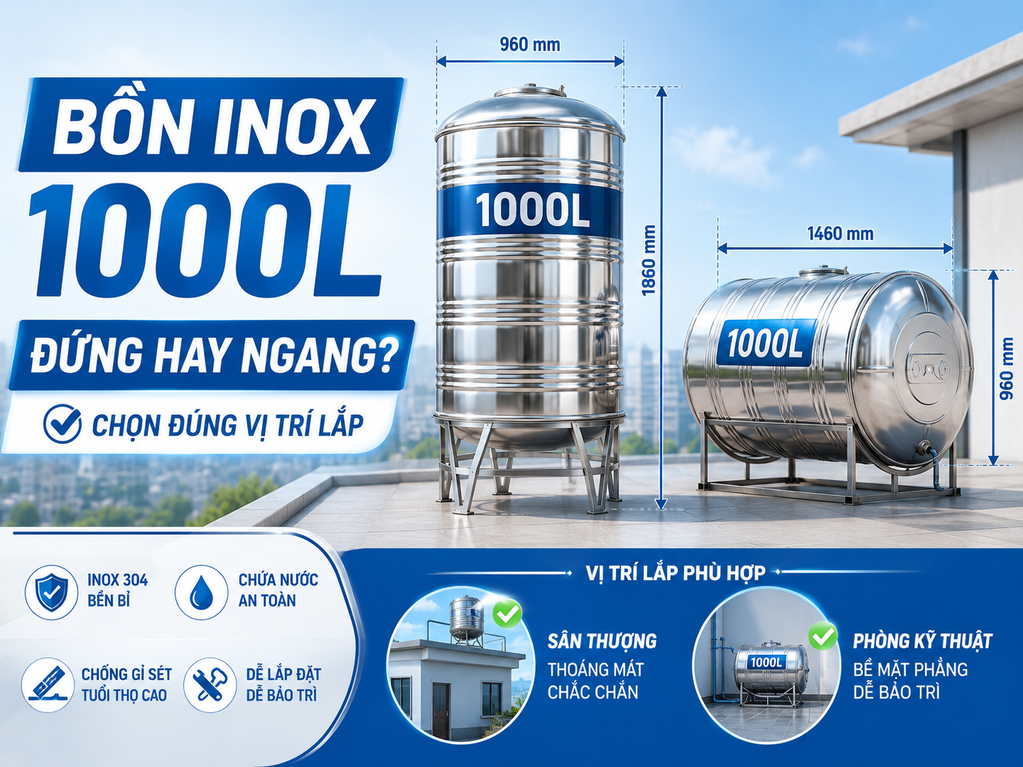 kích thước bồn inox 1000 lít đứng và ngang