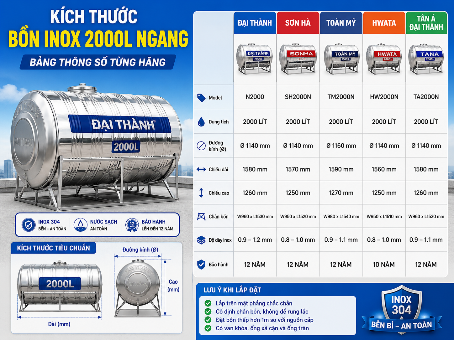 Kích thước bồn nước inox 2000L ngang cần đo trước khi mua Kích thước bồn nước inox 2000L ngang với chiều dài chiều rộng chiều cao