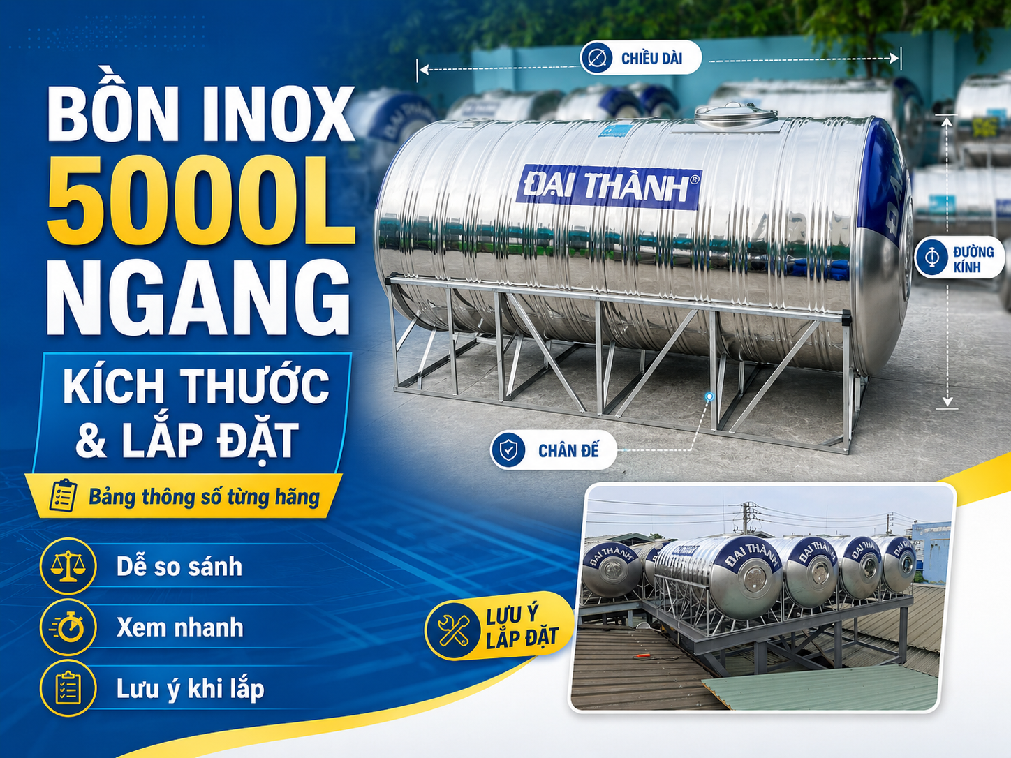 Kích thước bồn nước inox 5000L ngang chính hãng
