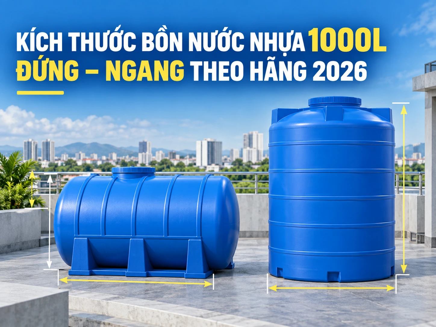 kích thước bồn nước nhựa 1000L đứng và ngang