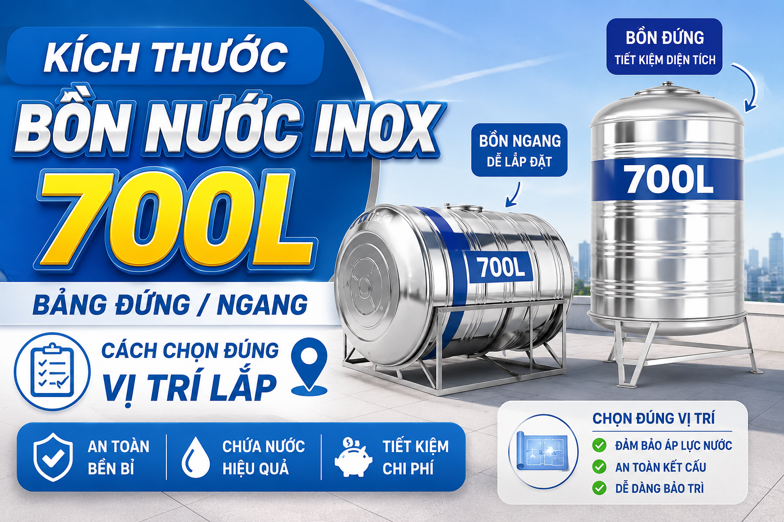 Kích thước bồn nước inox 700L đứng và ngang trước khi lắp đặt