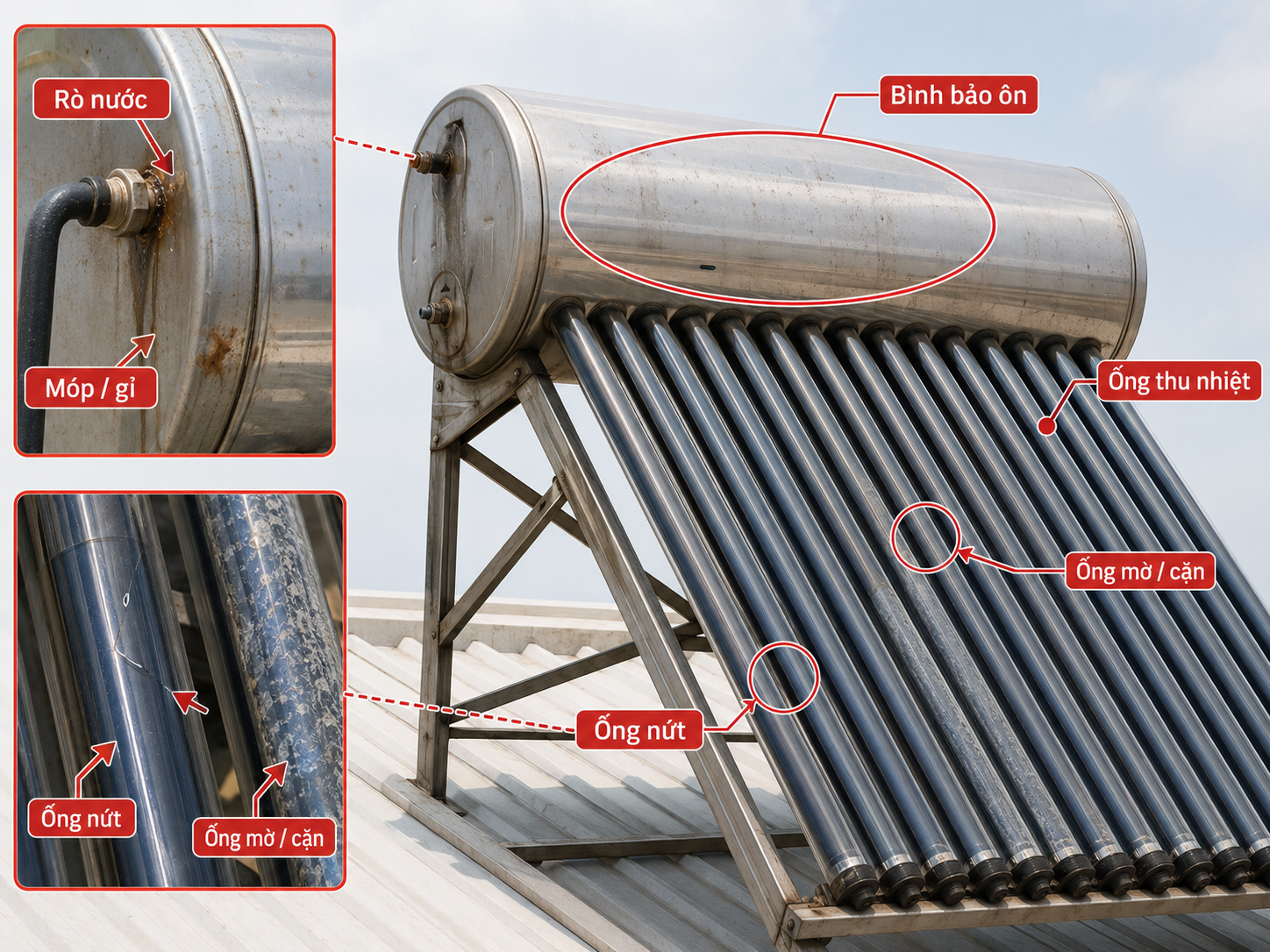 Các bộ phận quan trọng khi kiểm tra thái dương năng cũ kiểm tra bình bảo ôn và ống thu nhiệt của thái dương năng cũ