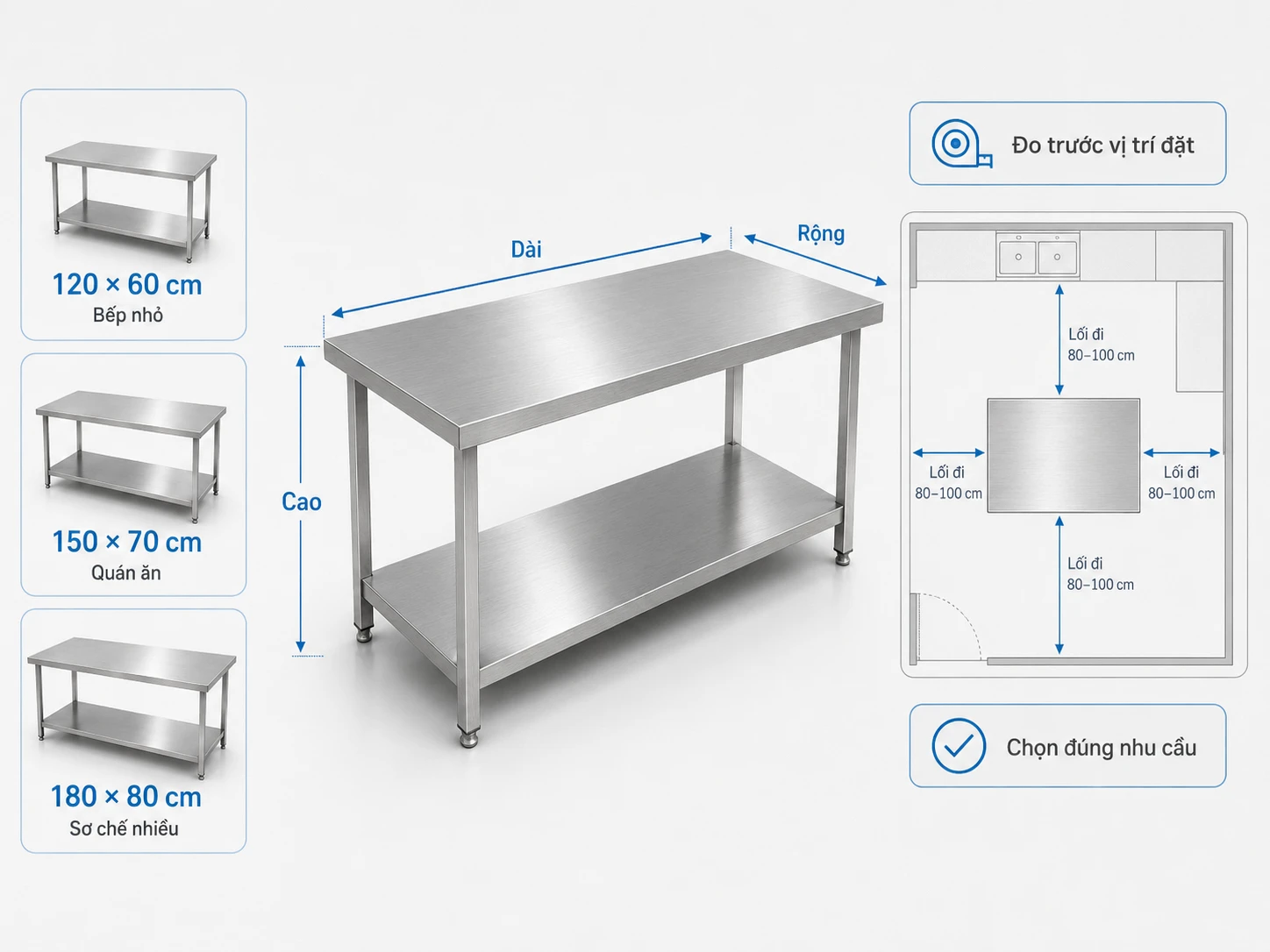 kinh nghiệm chọn mua bàn inox theo kích thước