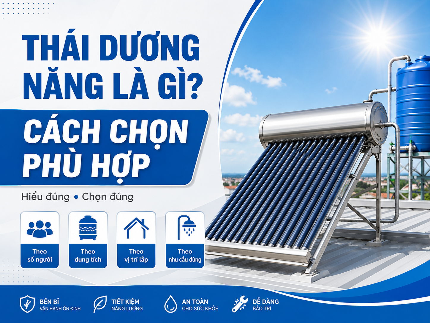 Máy nước nóng năng lượng mặt trời thái dương năng lắp trên mái nhà với bồn nước lạnh và đường ống nước nóng