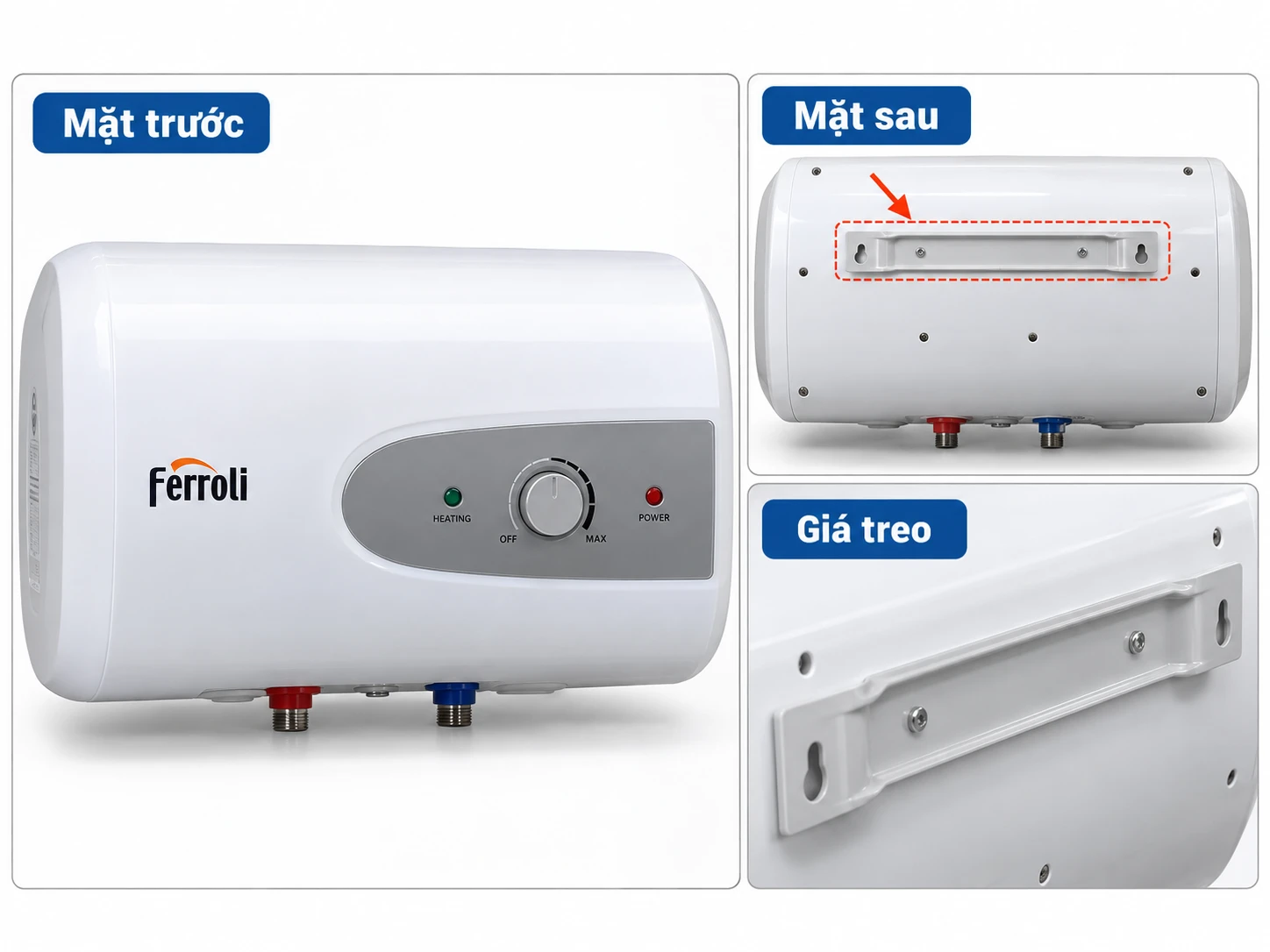 Ảnh thực tế bình Ferroli VERDI-TE 20L và mặt sau giá treo