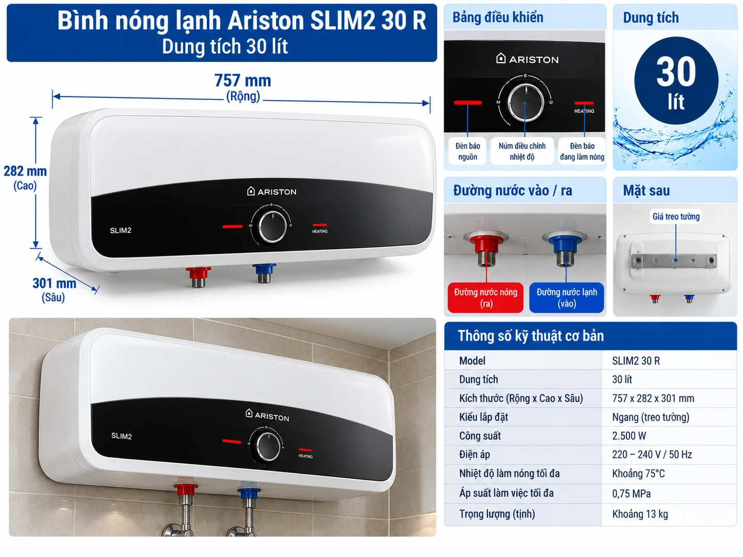 Bình nóng lạnh Ariston SLIM2 30 R dung tích 30 lít
