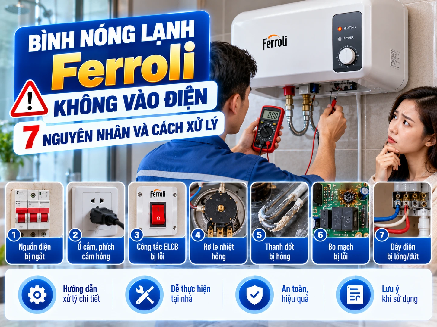 bình nóng lạnh Ferroli không vào điện và không sáng đèn
