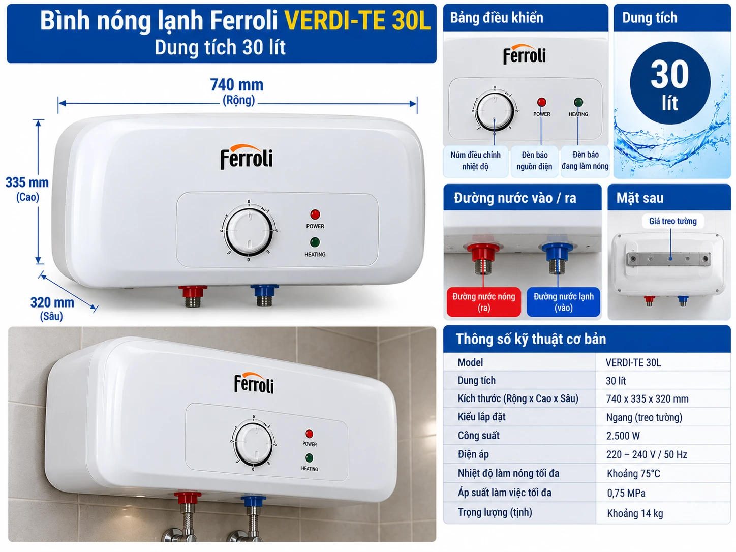 Minh họa bình nóng lạnh Ferroli gián tiếp Bình nóng lạnh Ferroli gián tiếp có bình chứa nước nóng