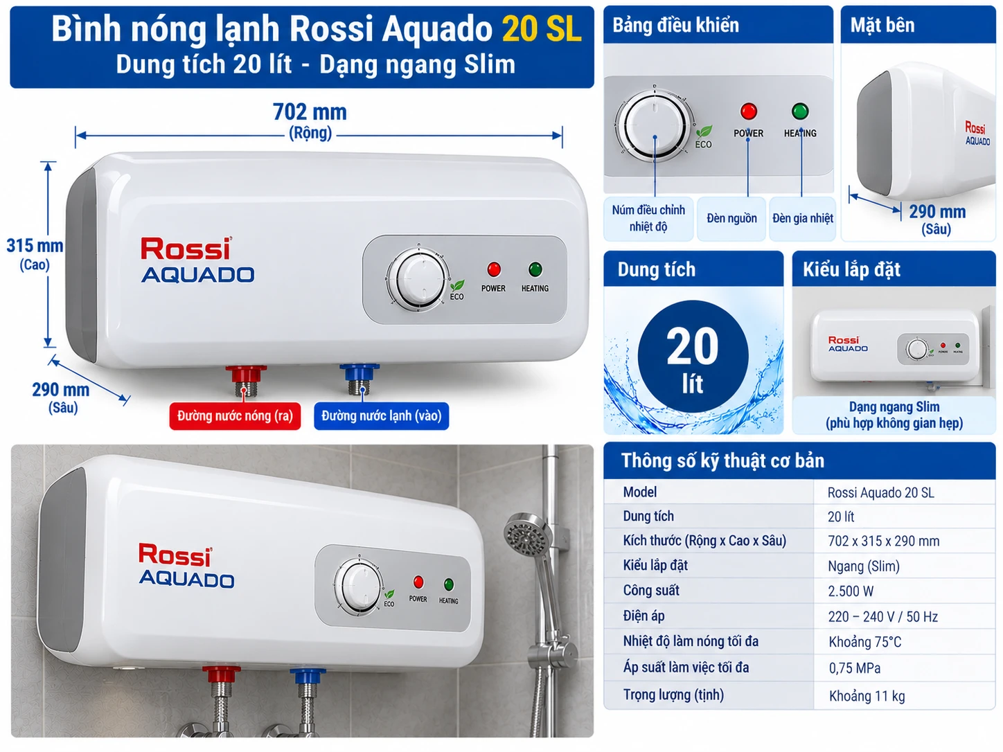 Bình nóng lạnh Rossi Aquado 20 SL ngang Slim