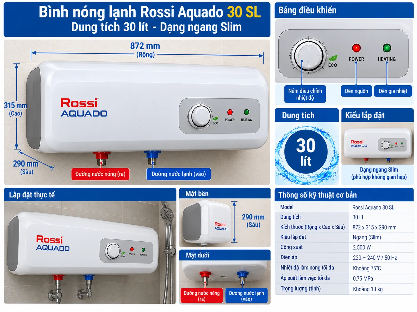 Bình nóng lạnh Rossi Aquado 30 SL dung tích 30 lít