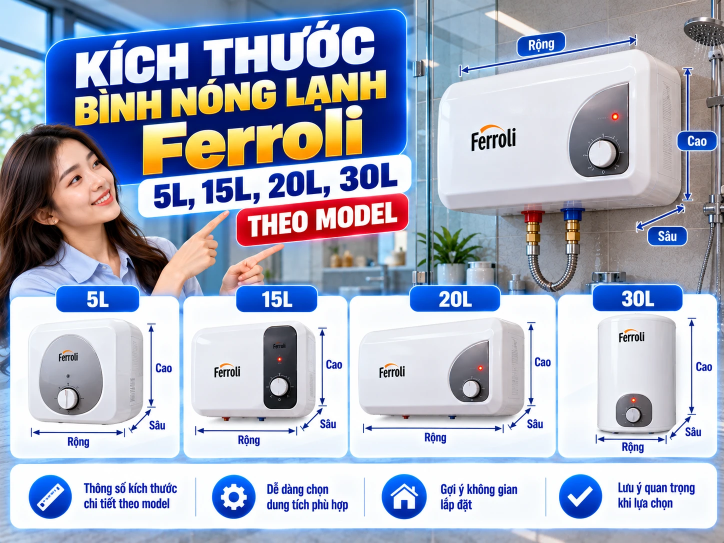 Kích thước bình nóng lạnh Ferroli 20L theo từng model VERDI và QQ