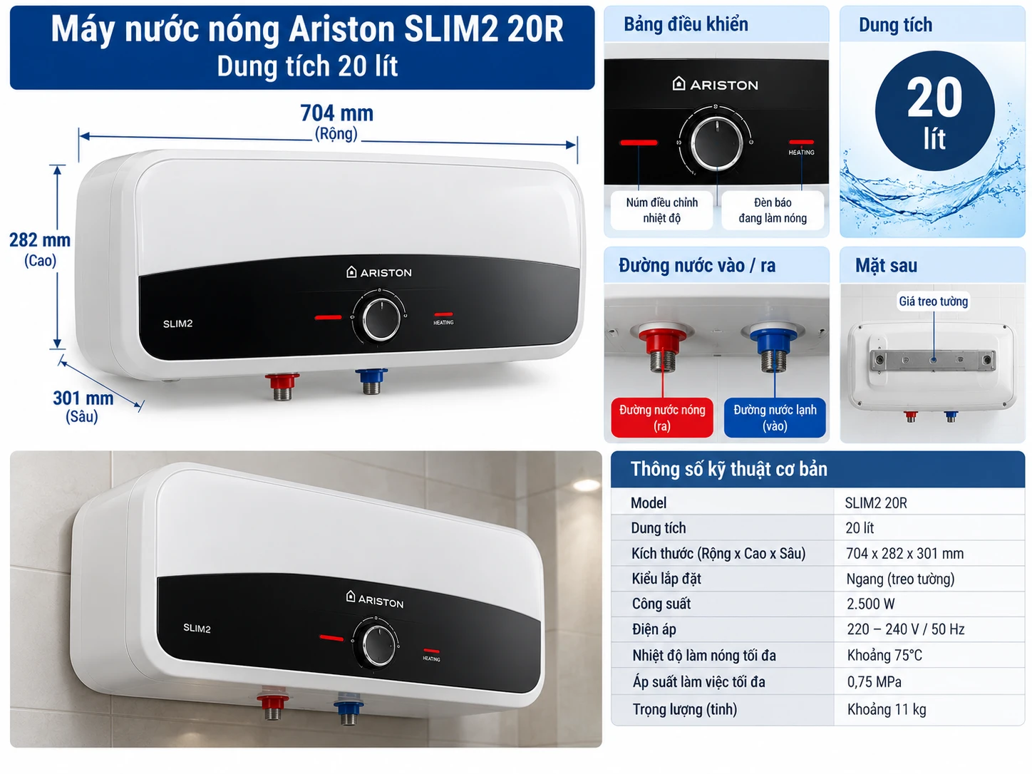 Máy nước nóng Ariston SLIM2 20R dung tích 20 lít