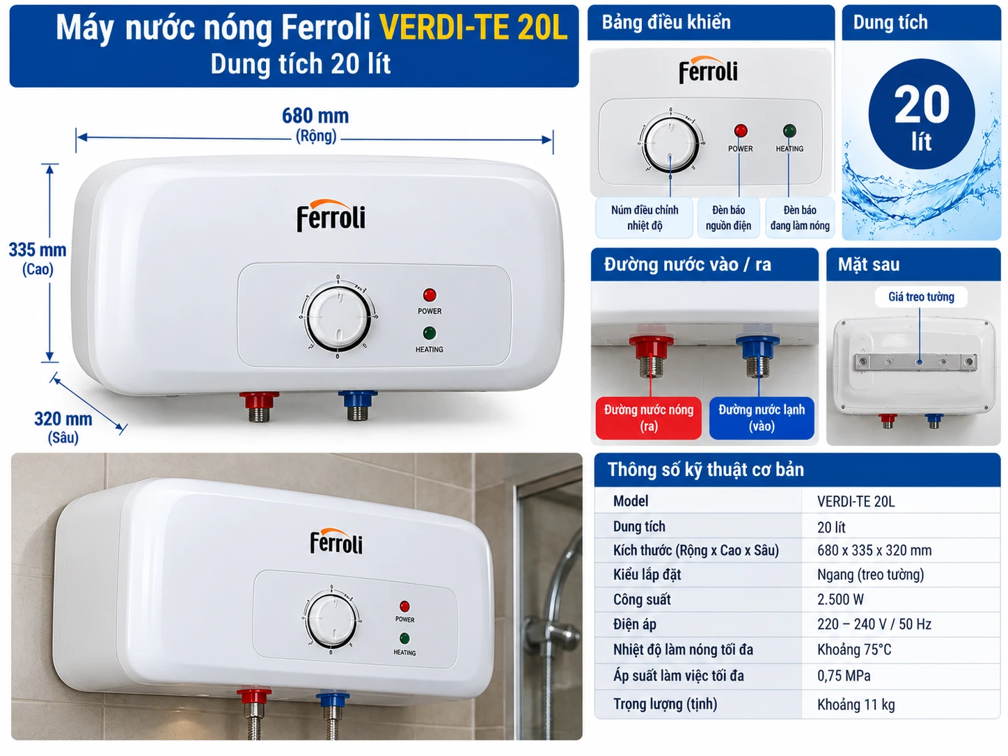 Máy nước nóng Ferroli VERDI-TE 20L dung tích 20 lít