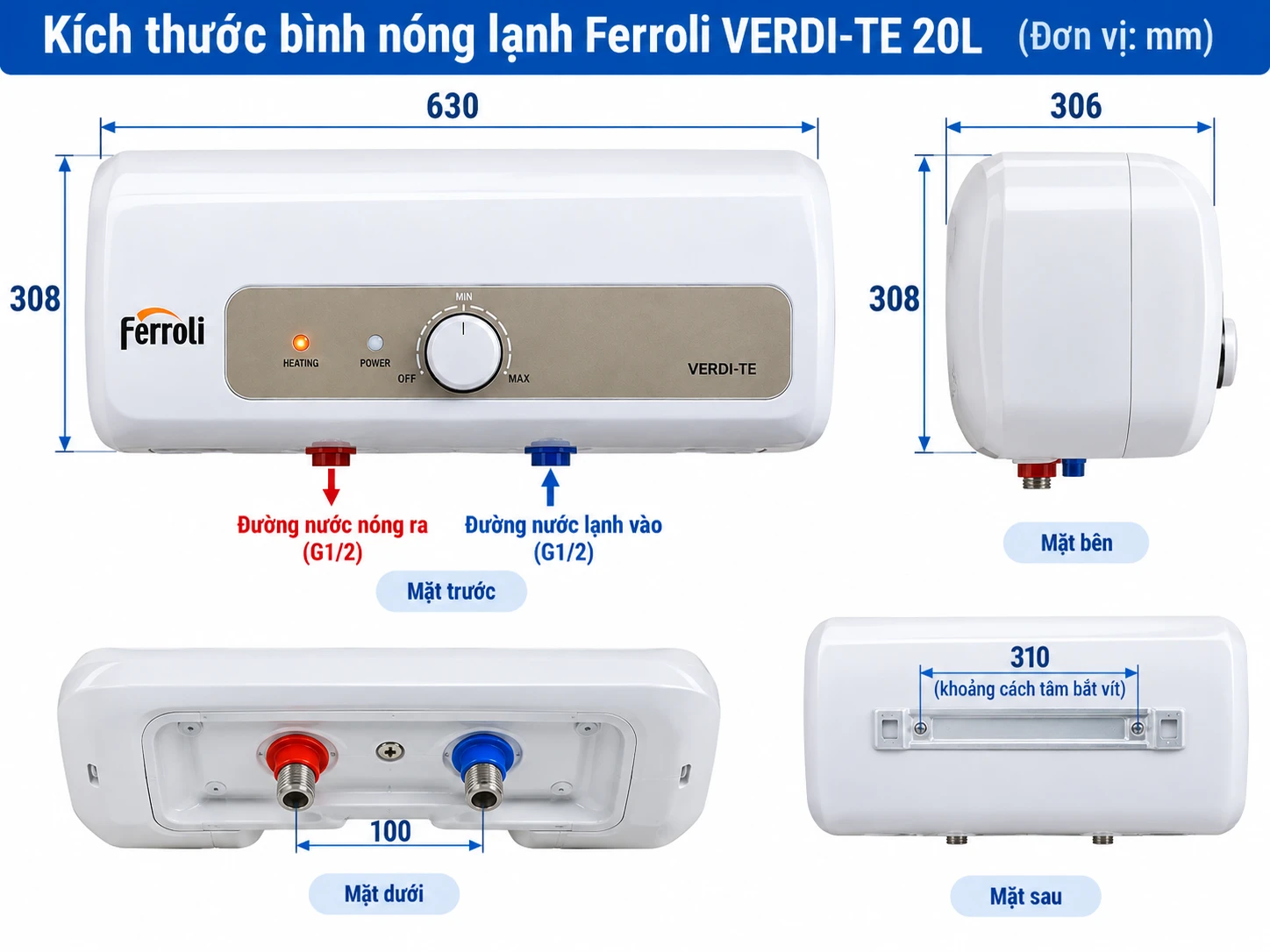 Sơ đồ kích thước bình Ferroli VERDI-TE 20L 630 x 308 x 306 mm