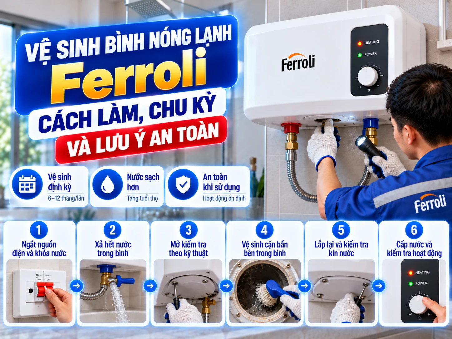 Hướng dẫn vệ sinh bình nóng lạnh Ferroli đúng cách và an toàn