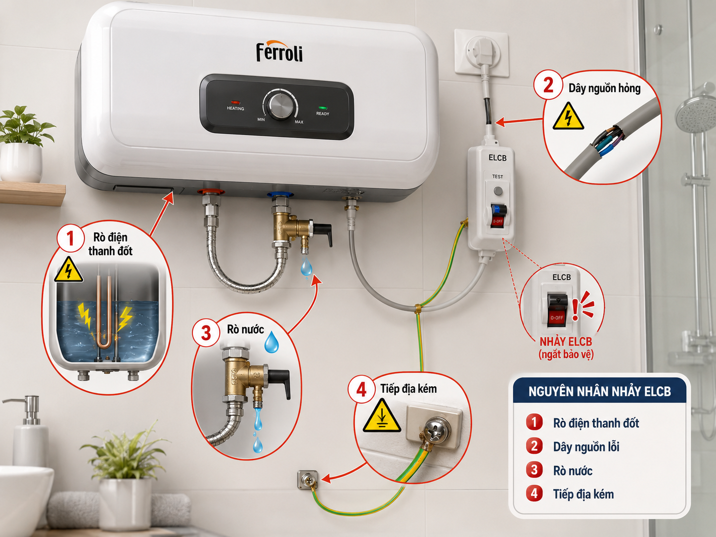 Nguyên nhân máy nước nóng Ferroli nhảy ELCB Nguyên nhân máy nước nóng Ferroli nhảy ELCB gồm rò điện thanh đốt dây nguồn rò nước và tiếp địa kém