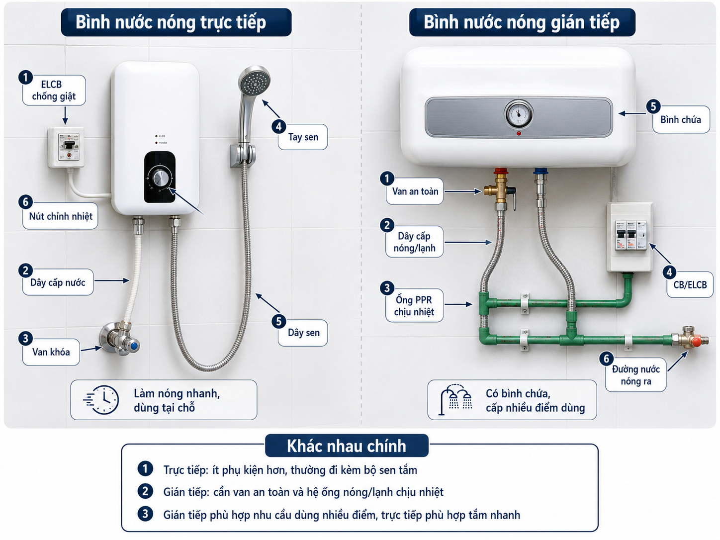 Phụ kiện bình trực tiếp và gián tiếp Phụ kiện bình nước nóng trực tiếp và bình nước nóng gián tiếp khác nhau thế nào