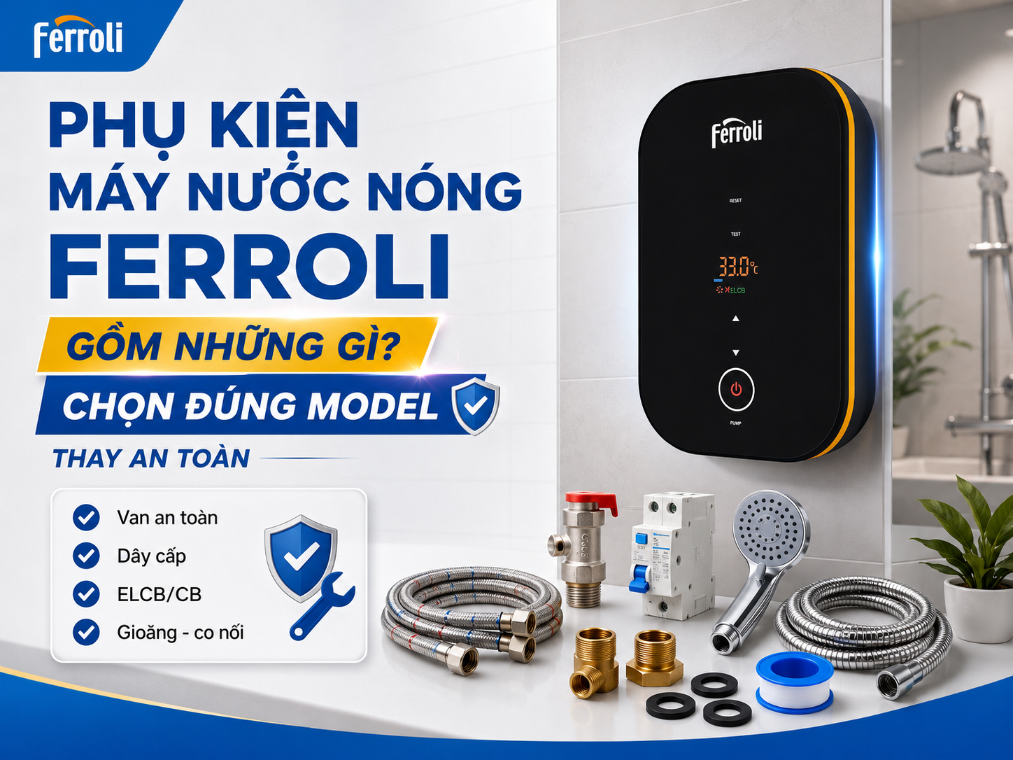 Phụ kiện máy nước nóng Ferroli gồm van an toàn ELCB thanh đốt rơ-le thanh anode gioăng và dây cấp nước
