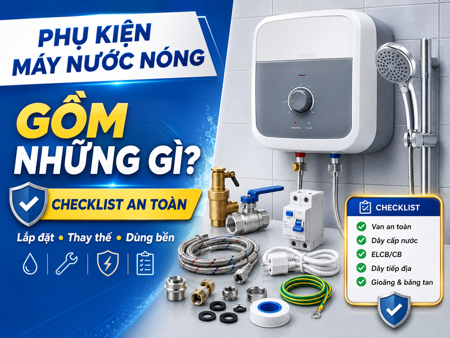 Phụ kiện máy nước nóng lạnh cần có khi lắp đặt Phụ kiện máy nước nóng lạnh gồm van an toàn CB ELCB dây tiếp địa dây cấp nước