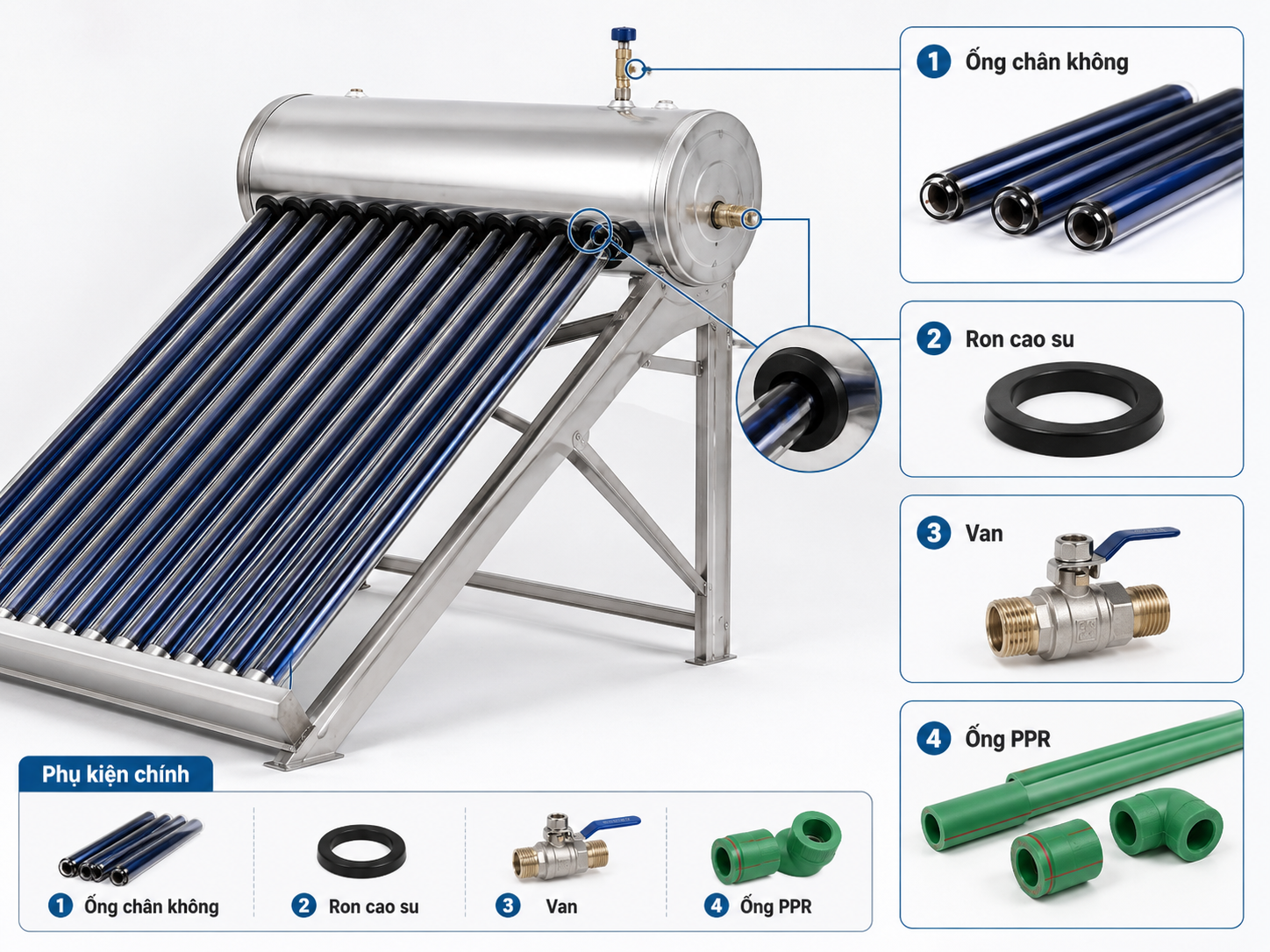 Phụ kiện máy nước nóng năng lượng mặt trời Phụ kiện máy nước nóng năng lượng mặt trời gồm ống chân không ron van ống PPR