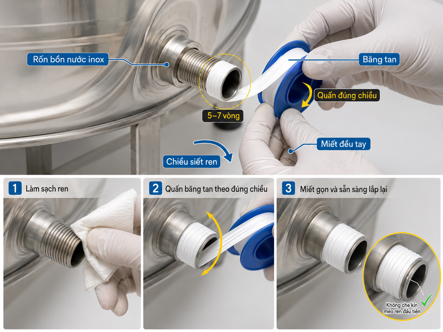 quấn băng tan đúng cách khi thay rốn bồn nước inox