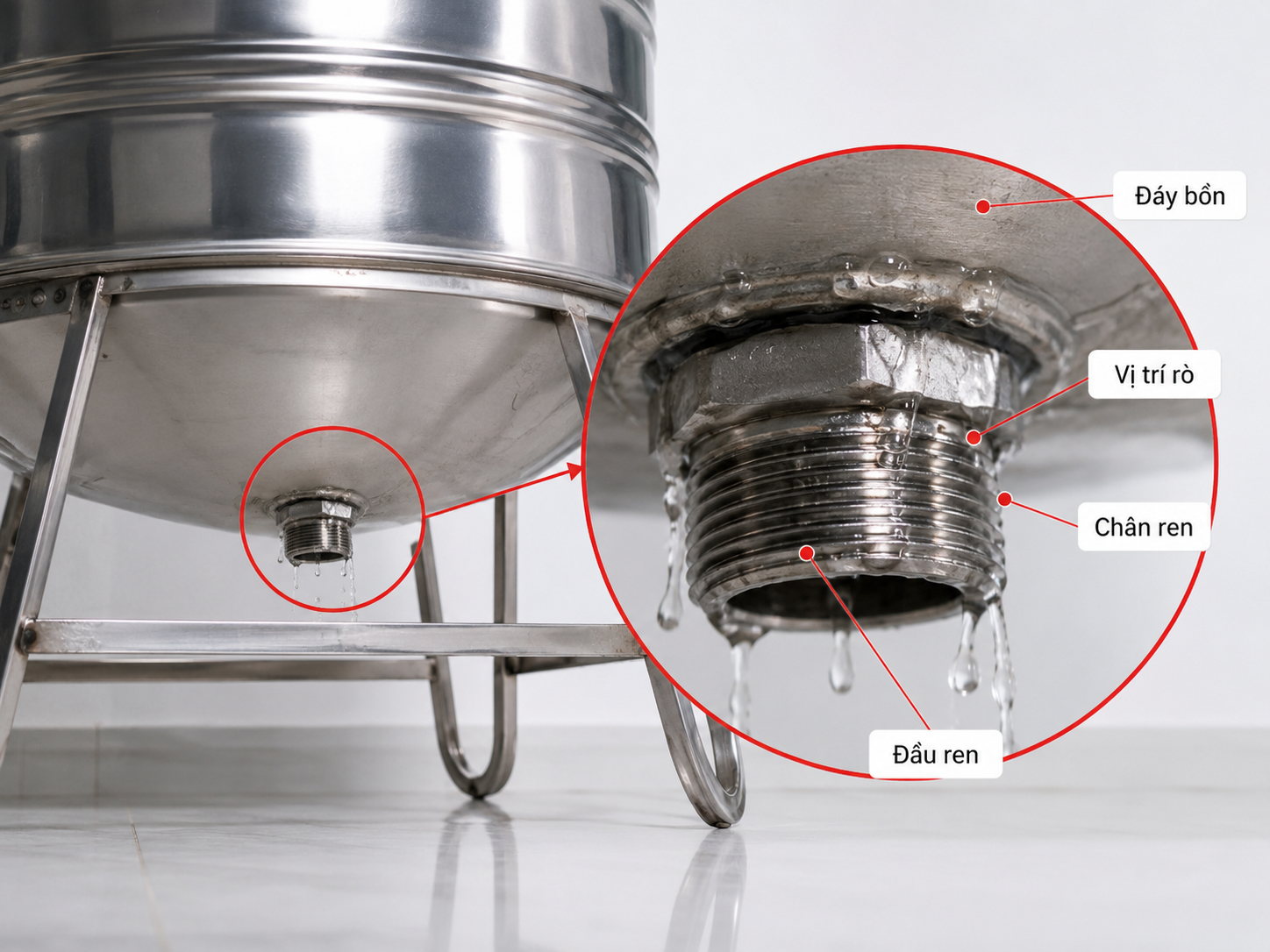 rò nước quanh đầu ren bồn nước inox
