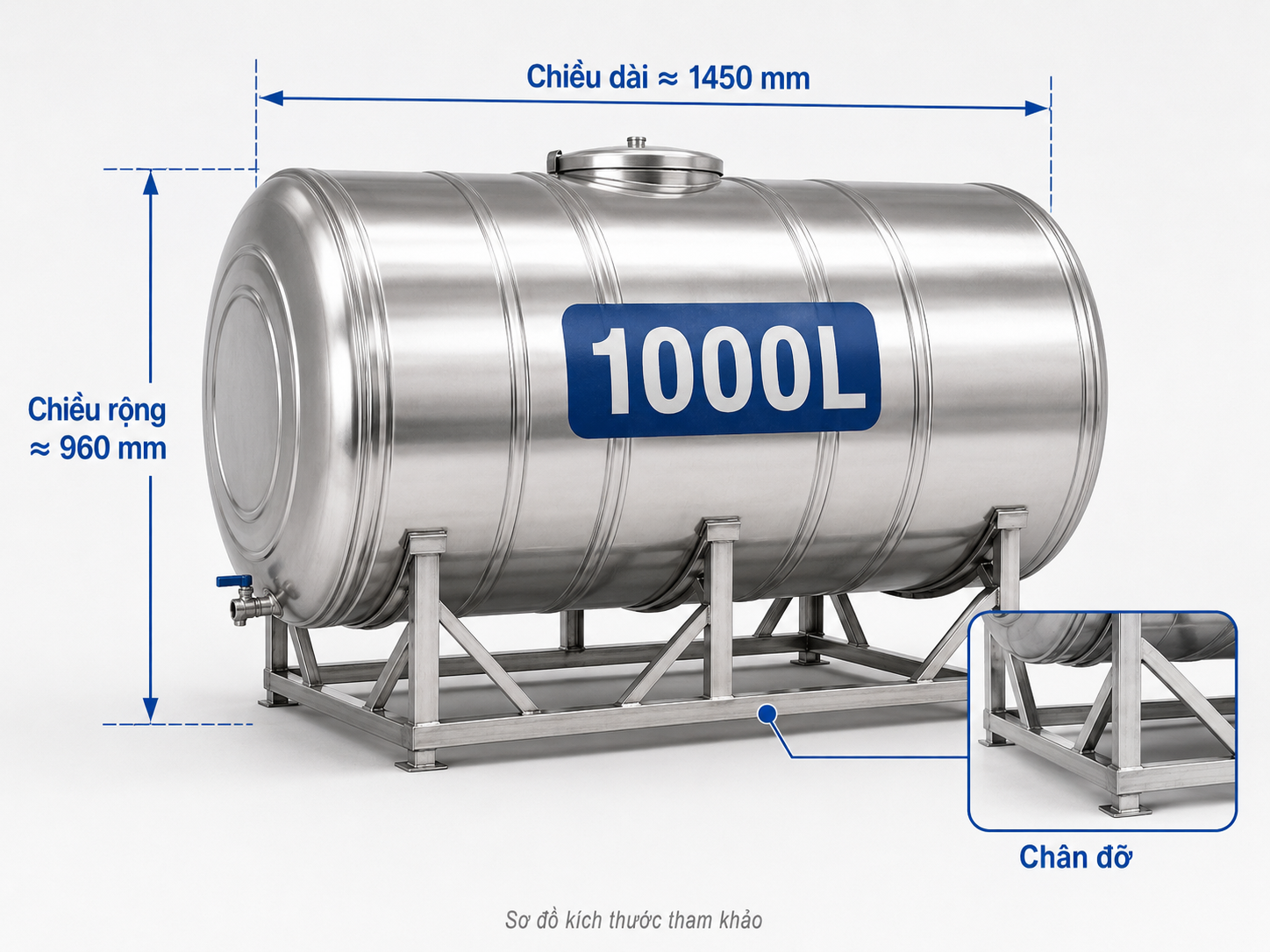 sơ đồ kích thước bồn nước 1000L ngang gồm chiều dài chiều rộng chân đỡ