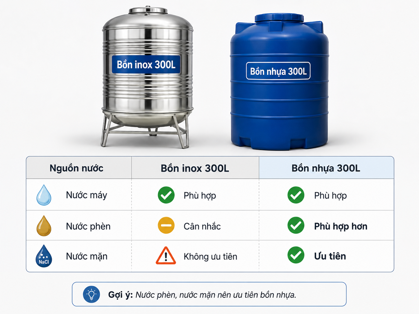 So sánh bồn inox 300L và bồn nhựa 300L theo nguồn nước máy nước phèn nước mặn