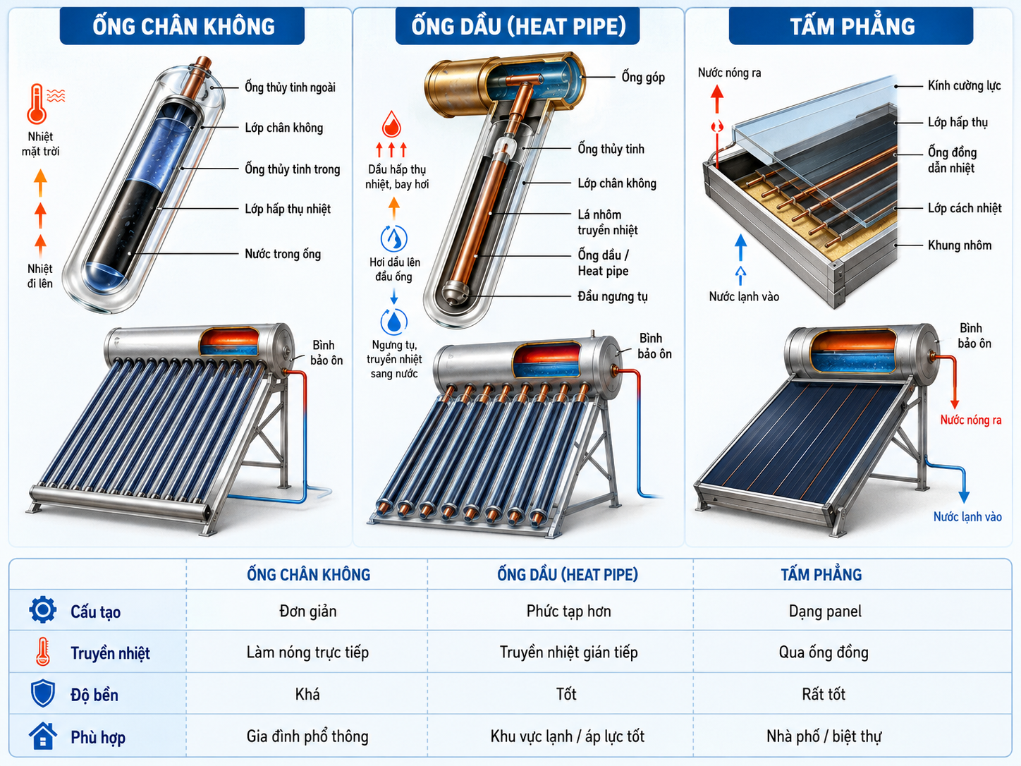 So sánh ống chân không ống dầu và tấm phẳng so sánh cấu tạo ống chân không ống dầu và tấm phẳng máy nước nóng năng lượng mặt trời