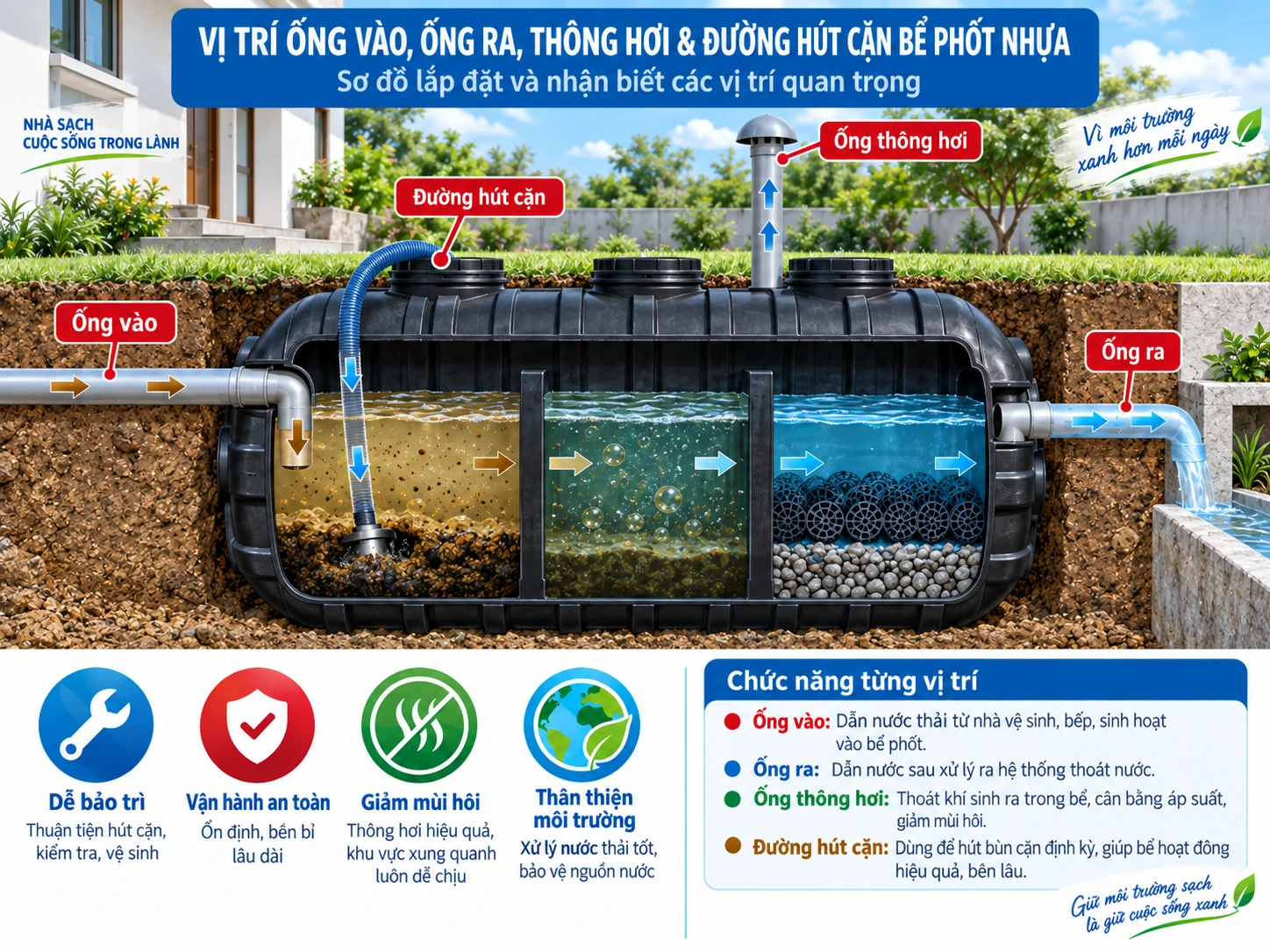 Phân biệt các đường ống của bồn tự hoại Septic Vị trí ống vào ống ra thông hơi và đường hút cặn bể phốt nhựa