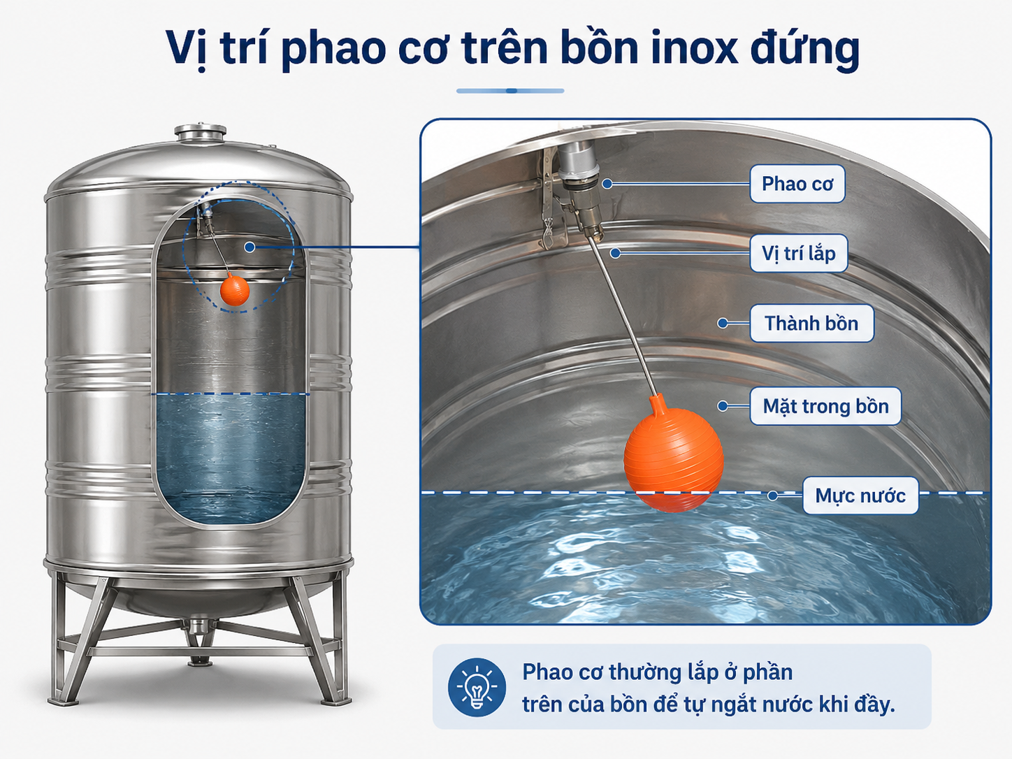 Minh họa phao cơ trên bồn inox đứng Vị trí phao cơ trên bồn inox đứng