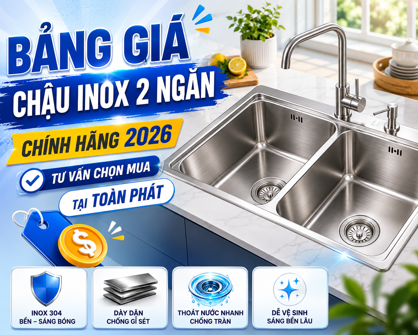 Tư vấn chọn mua chậu inox 2 ngăn chính hãng