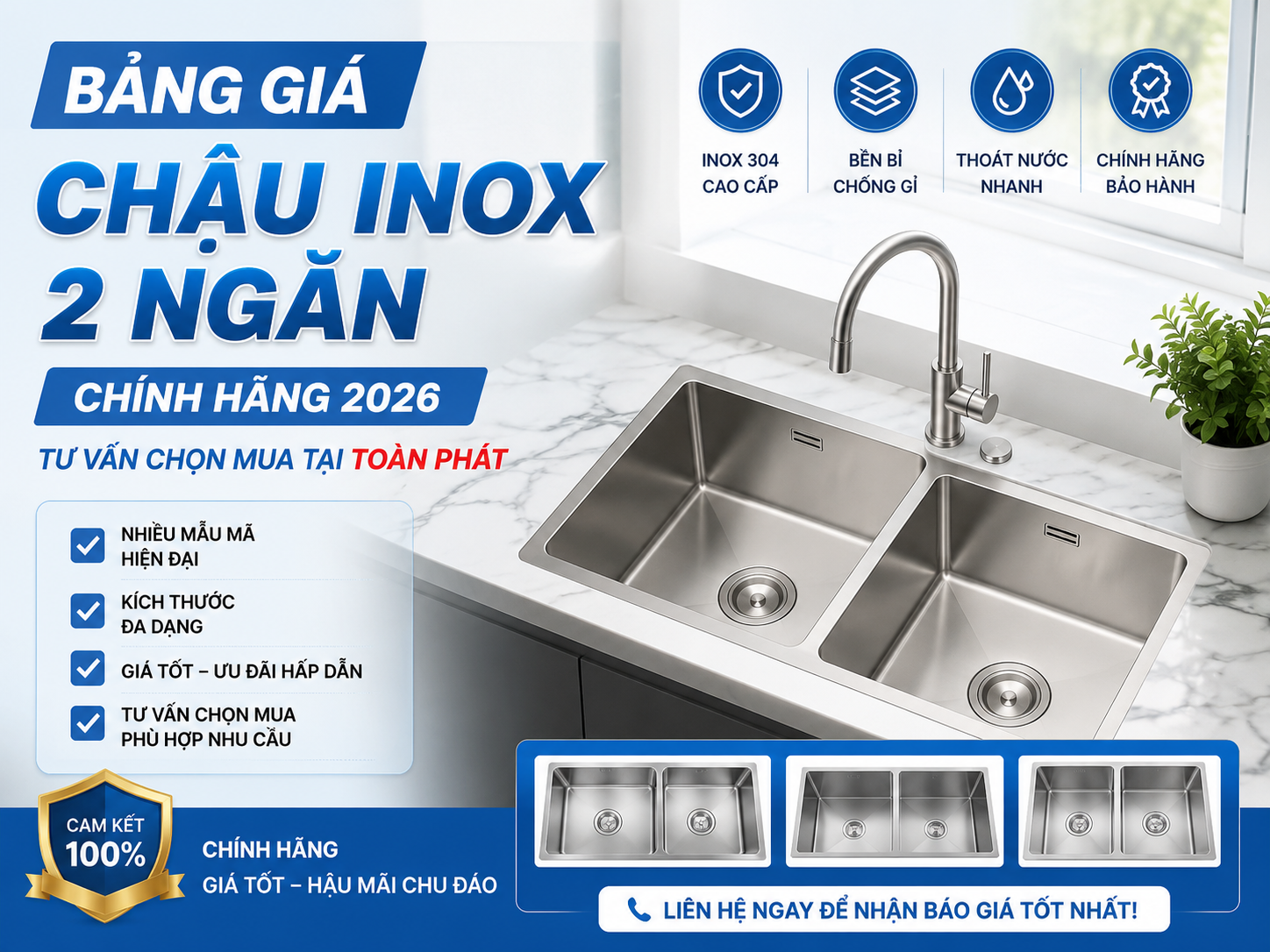 Chậu inox 2 ngăn chính hãng cho bếp gia đình