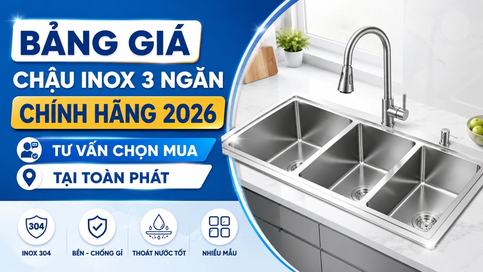 Chậu inox 3 ngăn chính hãng cho bếp lớn và khu sơ chế