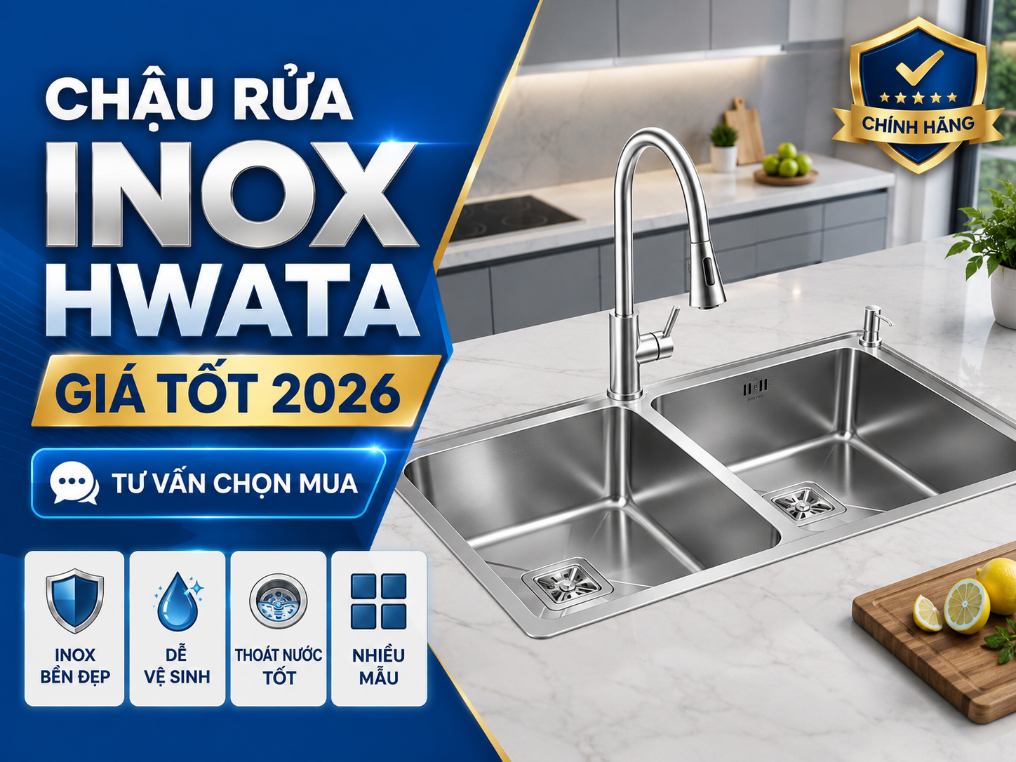 Chậu rửa inox Hwata chính hãng cho bếp gia đình