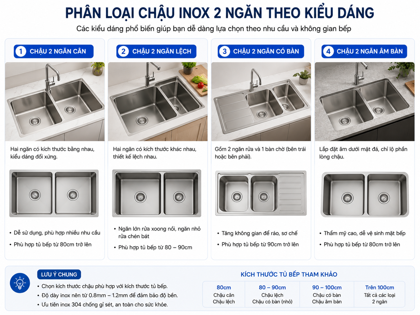 Phân loại chậu inox Sơn Hà 1 ngăn 2 ngăn 3 ngăn