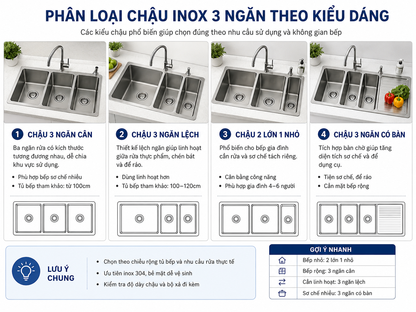 Phân loại chậu inox 3 ngăn theo kiểu dáng