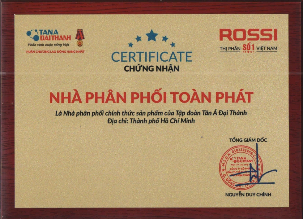 Chứng nhận nhà phân phối Toàn Phát Tân Á Đại Thành