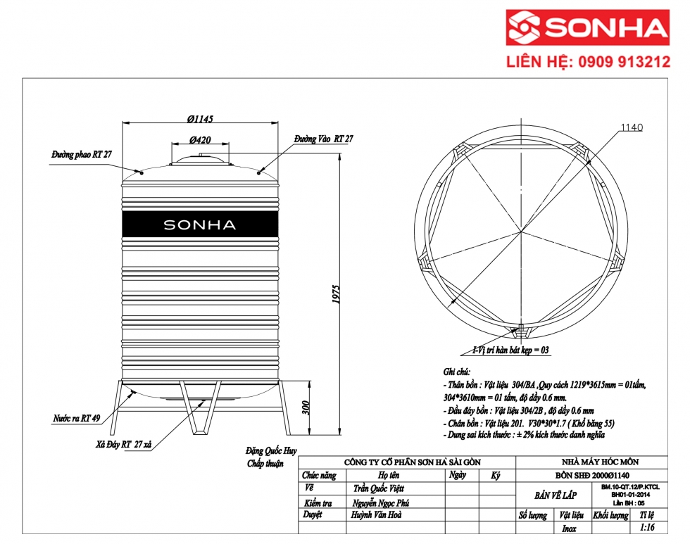 Bảng vẽ kỹ thuật bồn nước inox 2000 lít đứng