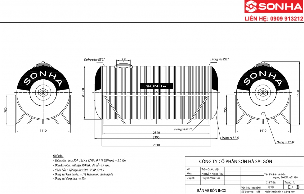 Bảng vẽ bồn nước inox 5000 lít nằm 