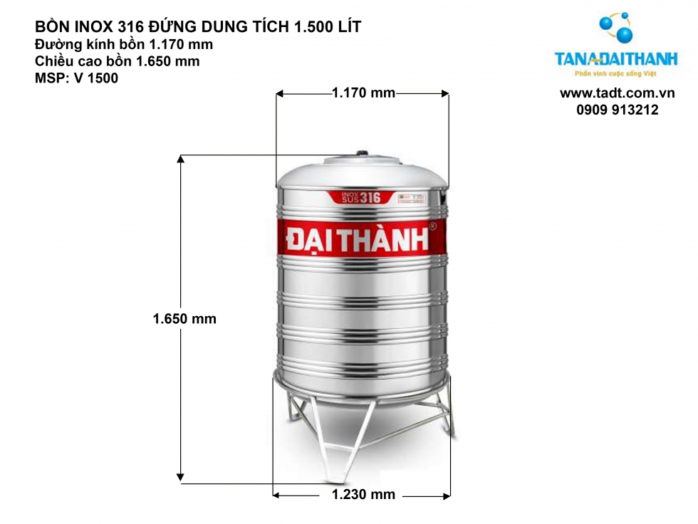 Kích thước Bồn Inox Đại Thành 1500L SUS 316 Đứng